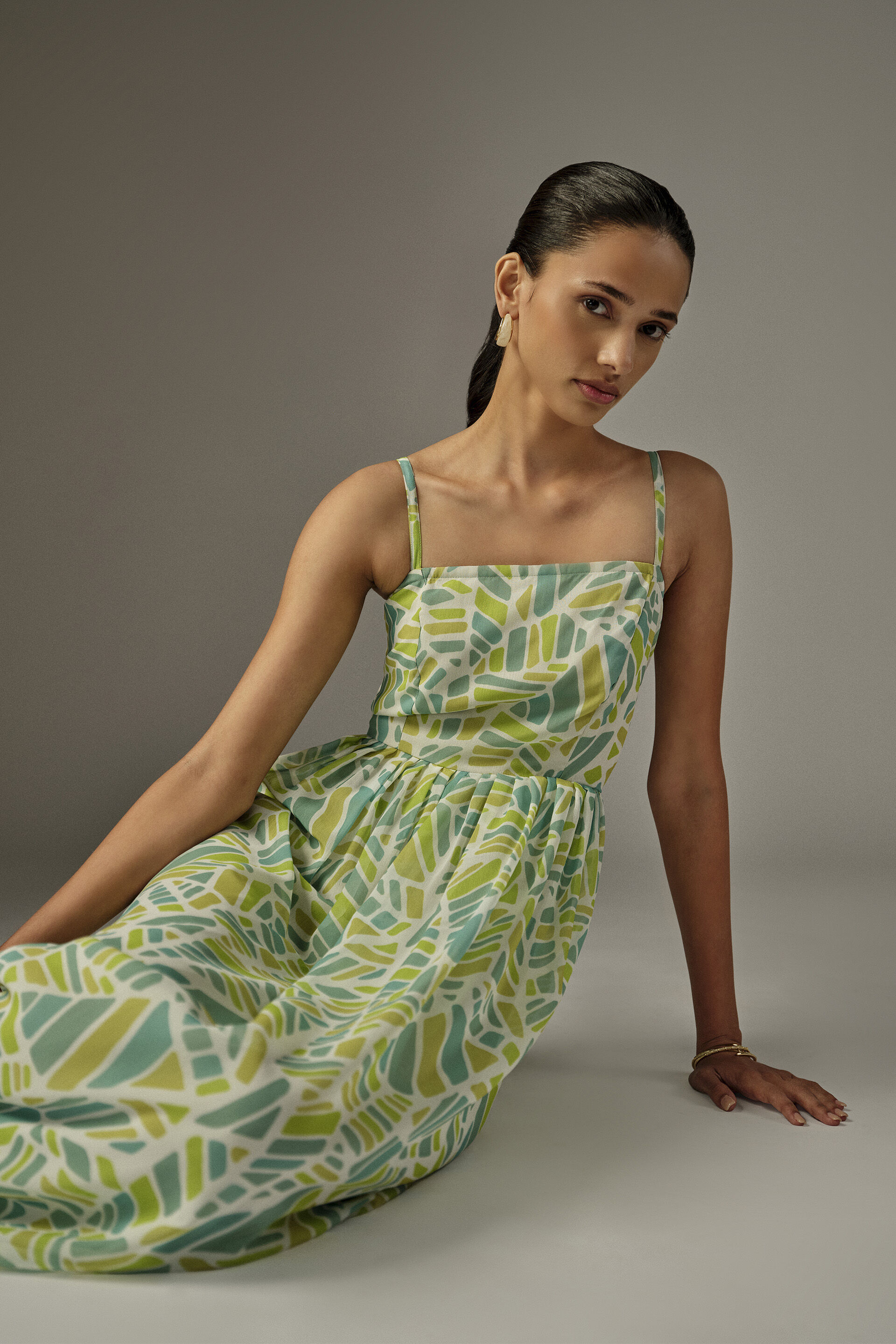 Fit & Flare Printed Maxi Dress in Green, Green, image 2